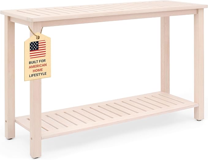 Premium 2-Tier Wooden Console Table with Storage Shelf Solid Eucalyptus Wood 48.03"x 16.14"x 31.1" Entryway Sofa Table for Hallway, Living Room (Whitewash)