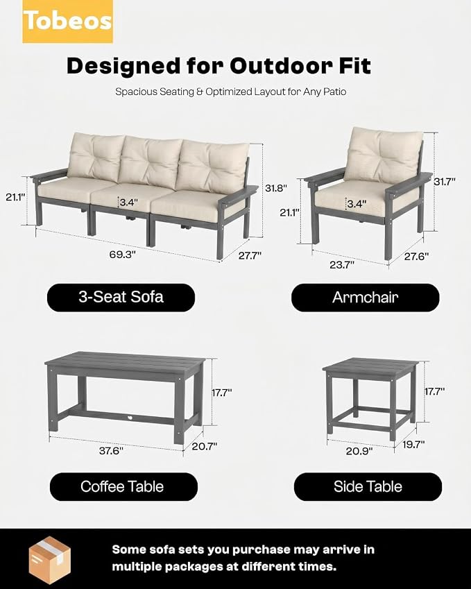 HDPE 3 Piece Patio Furniture Set, All-Weather Outdoor Couch Bistro Set with Thick Cushions & Side Table, Patio Conversation Sets for Lawn, Garden, Porch, Balcony, Deck, Poolside, Grey & Beige