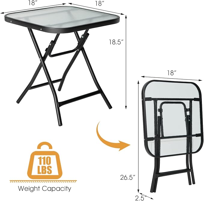 LDAILY 18” Folding Outdoor Side Table, Square End Table with Tempered Glass Tabletop & Sturdy Steel Frame, Portable Patio Table for Balcony, Backyard, Poolside & Indoor Use, Black