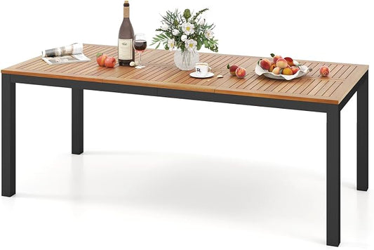 HAPPYGRILL Patio Dining Table for 8, 79" Large Rectangle Table with Acacia Wood Tabletop & Heavy Duty Metal Frame, Outdoor Dining Table with 2" Umbrella Hole for Backyard, Lawn & Garden