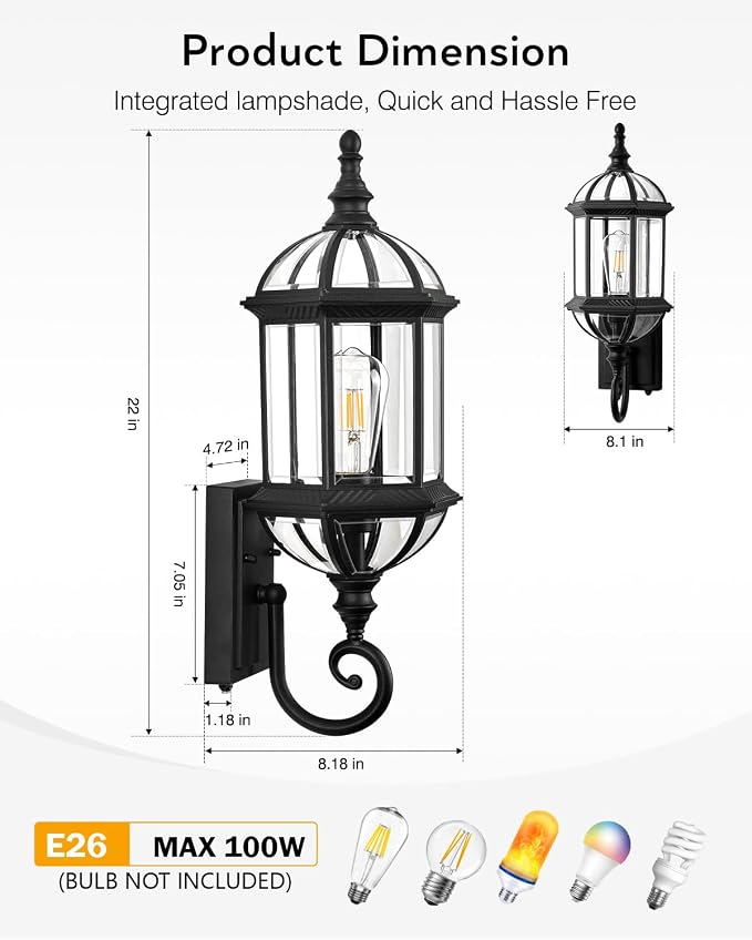 VIANIS 22" Large Porch Lights Outdoor, Black Dusk to Dawn Outdoor Lighting, Anti-Rust Exterior Lighting fixtures with Tempered Beveled Glass, Outdoor Lights for House, Patio, Two Mounting Options