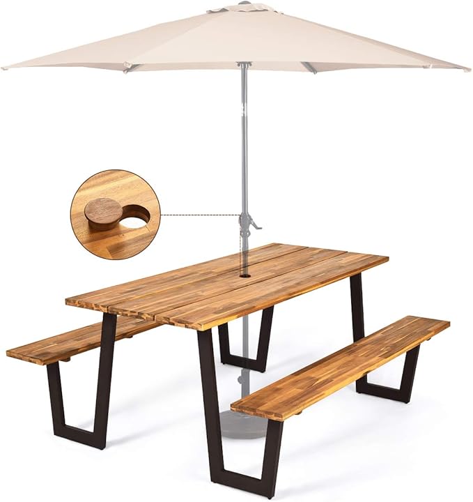 Giantex Picnic Table Bench Set for 6 or 8, 70.5" Acacia Wood Outdoor Dining Table Set, 2" Umbrella Hole, 1600 LBS Capacity, Heavy Duty Metal Frame, Large Beer Table for Patio Lawn Garden, Patented