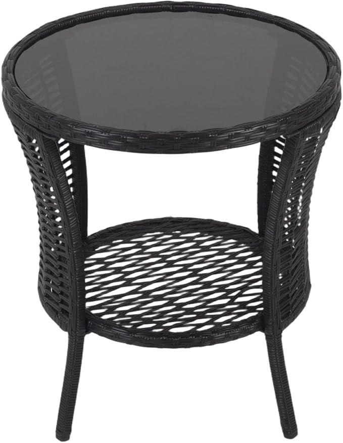 Kinfant Round Outdoor Wicker Side Table - with Tempered Glass Top, Patio End Table with Unique Shape, Storage Shelf for Balcony, Porch, Deck, Garden, Weather-Resistant Rattan, Easy Assembly