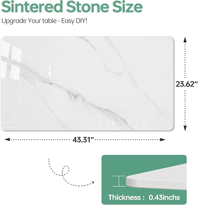 Rectangle Table Top,43.3 ”x 23.6 ” White Sintered Stone Tabletop, DIY Replacement & Cover Marble Desktop, Scratch & Wear Resistant, Easy to Clean, Suitable for Indoor & Outdoor.