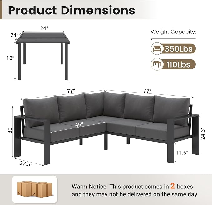 UDPATIO 6 Piece Patio Furniture Set, Metal Outdoor Sectional Sofa with 6" Thick Olefin Cushions, Wide Armrest & Coffee Table, L Shaped Outdoor Furniture for Garden, Backyard Dark Grey