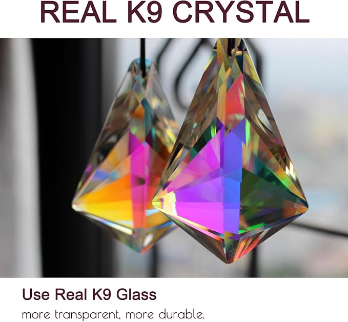 2PCS Cone Crystal Suncatcher Prisms for Windows (Chunky Cone) | AB Color, Transparent, K9 Glass, Rainbow Maker, with Hooks & Cord