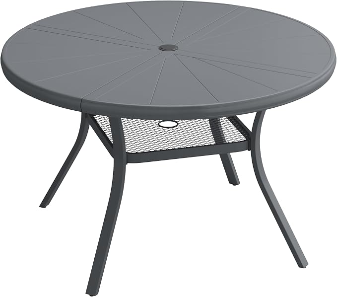 VICLLAX Round Patio Dining Table, 4 Person Aluminum Outdoor Dining Table with Umbrella Hole and Storage Shelf for Garden Lawn Deck, 40.6" Dark Grey