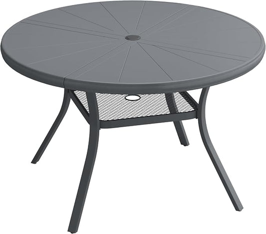 VICLLAX Round Patio Dining Table, 4 Person Aluminum Outdoor Dining Table with Umbrella Hole and Storage Shelf for Garden Lawn Deck, 40.6" Dark Grey