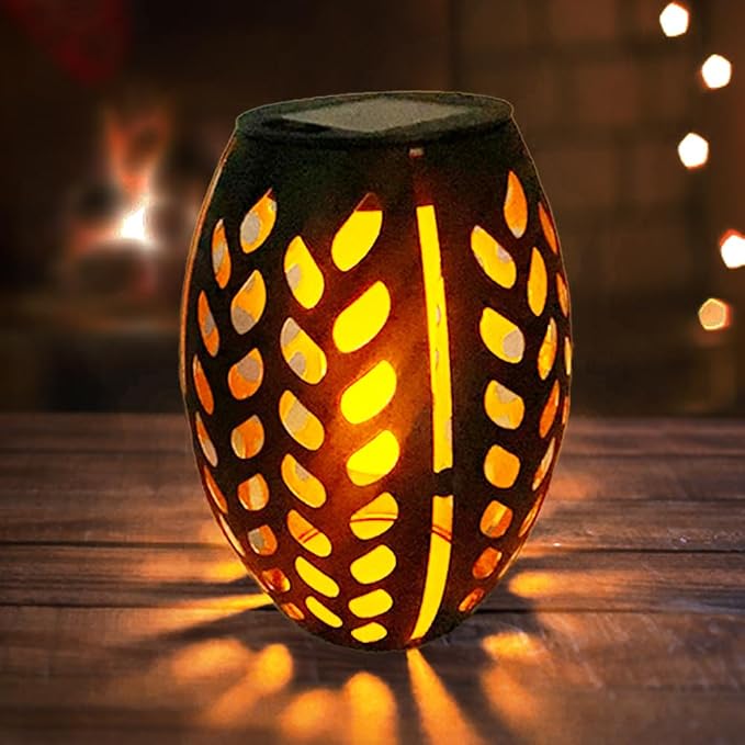 2PCS Solar Table Lanterns Flickering Flame Waterproof Black Leaf | Metal Hollow Black Leaf Design, Waterproof, 7.3" H, For Tabletop Garden Patio Decor