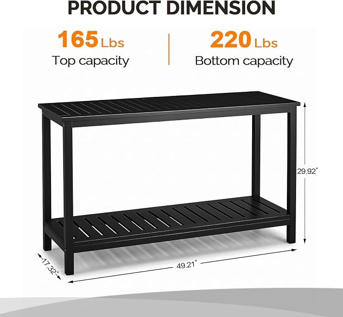 VINGLI 49in 49.21" Solid Wood Outdoor Console Table, 2-Tier Patio Buffet Bar Table, Multi-Functional Storage Sideboard for Garden, Porch, Balcony (Black)