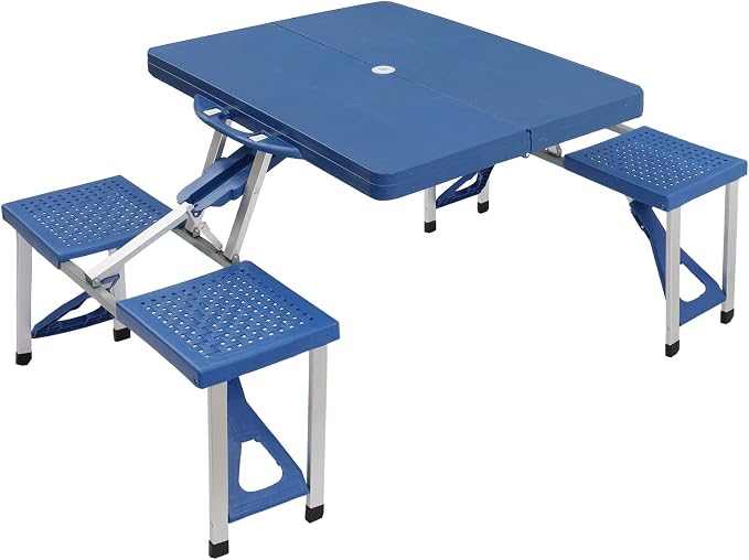 Portable Foldable Camping Picnic Table Set with Four Chairs and Umbrella Hole, 4-Seats Aluminum Fold Up Travel Picnic Table for Indoor, Outdoor Travel, Patio, Lawn, Garden