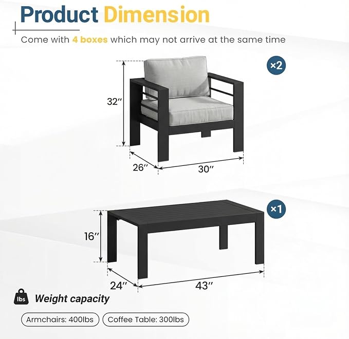 Solaste Aluminum Patio Furniture Set for All Weather, Oversized Metal Outdoor Furniture Set with 27.5" Deep Seating and 3.2" Wide Armrest, Outdoor Patio Sofa with 10" Back Suport Cushion