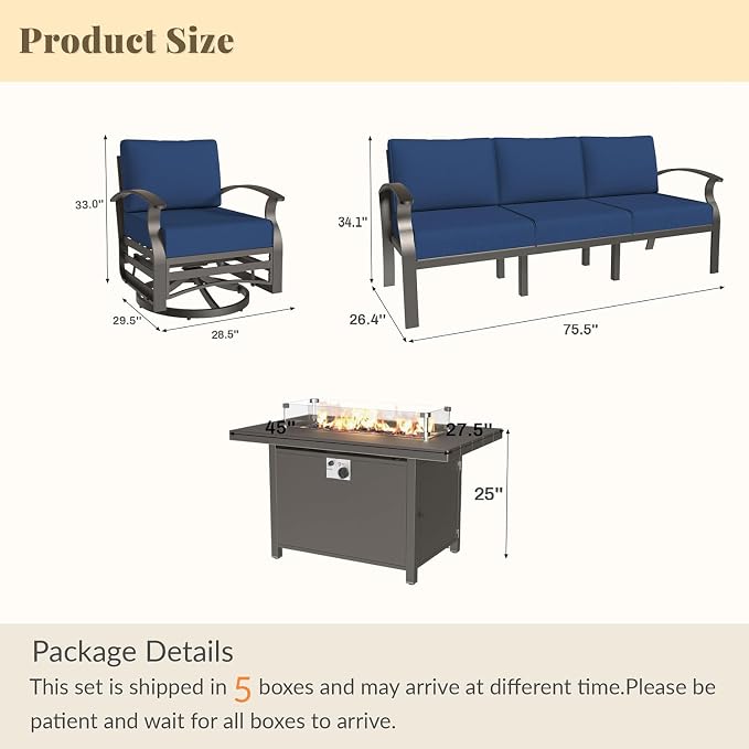 Aluminum Patio Furniture Set with 55,000 BTU Propane Fire Pit Table,8 Seats Metal Modern Outdoor Furniture w/5.1" Cushions,Patio Sectional w/Swivel Chairs for Patio,Backyard,NavyBlue