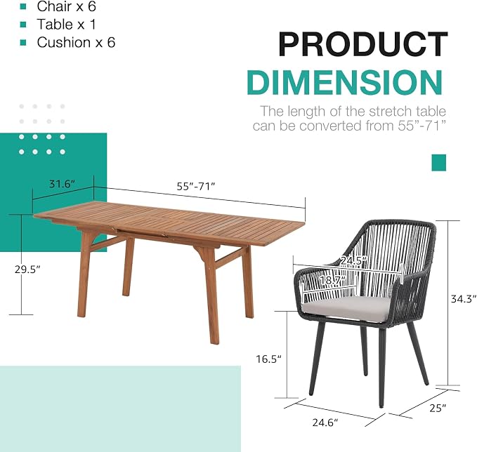 Patiorama 7-Piece Outdoor Dining Set, Patio Wicker Dining Table Chair Set with 55"-71" Acacia Wood Expandable Table & Twisted Rattan Rope Chairs, All-Weather Dining Furniture Set for Yard Garden,Black