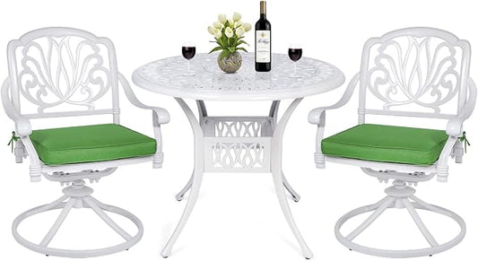 MEETWARM 3-Piece Outdoor Patio Dining Set, All-Weather Cast Aluminum Patio Conversation Set for Backyard Garden with 2 Cushions Swivel Rocker Chairs and 35.4" Round Table, 2.2" Umbrella Hole, White
