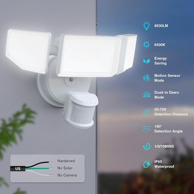 85W LED Security Lights Motion Sensor Light Outdoor, 8500LM Dusk to Dawn, IP65 Waterproof, 6500K, 3 Head Motion Detected Flood Light, Floodlight for Outside, Garage, Yard, Porch (White)