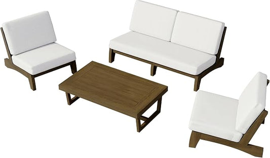 4 Piece Wood Outdoor Patio Frutnire Set, 5 Seater Patio Conversation Sets with Thick Cushions, Outdoor Sectional Furniture with Coffee Table - Beige