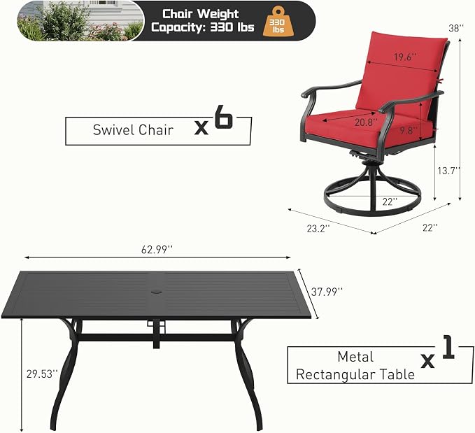 7 Piece Outdoor Patio Dining Set, 62’’ Rectangular Metal Dining Table with Umbrella Hole & 6pcs Patio Swivel Rocking Chairs, Outdoor Furniture Dining Set for Patio, Balcony, Lawn, Garden, Backyard