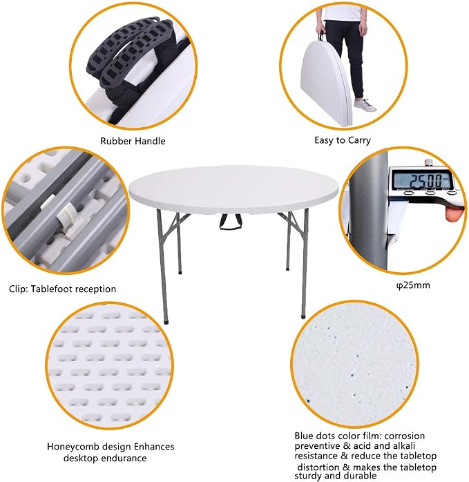 48" Round Folding Commercial Table, 4 Feet Portable Plastic Dining Card Table for Kitchen or Outdoor Party Wedding Event