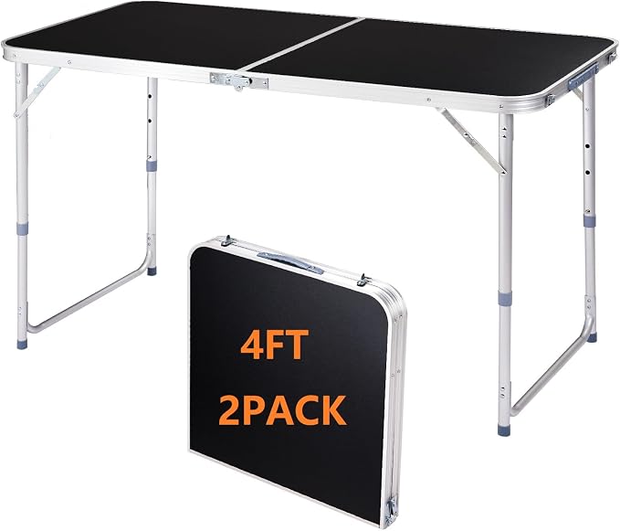 2 Pack Adjustable Height Folding Tables 4 Feet, Lightweight Fold-in-Half Utility Table for Outdoor Picnic BBQ Camping Fishing RV Beach, Aluminum Frame, MDF Desktop, with Carrying Handle