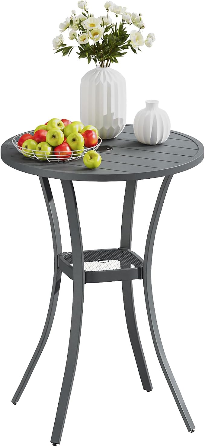 VICLLAX Outdoor Bar Table, 28" Wide Round Patio Bar-Height Table Weather Resistant Metal Slatted Tabletop with Umbrella Hole for Front Porch Deck, Backyard, Dark Grey