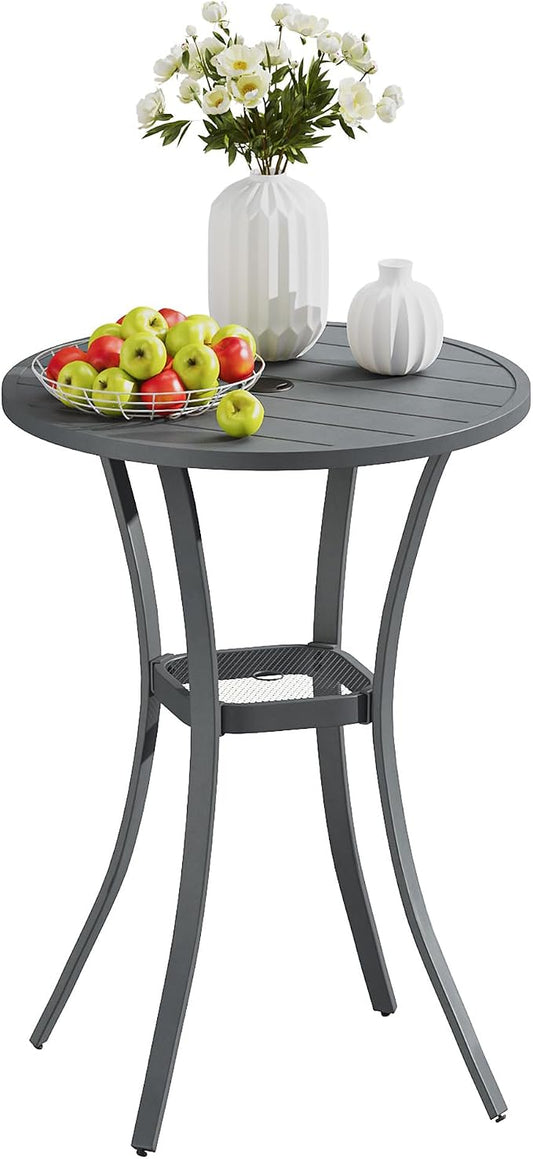 VICLLAX Outdoor Bar Table, 28" Wide Round Patio Bar-Height Table Weather Resistant Metal Slatted Tabletop with Umbrella Hole for Front Porch Deck, Backyard, Dark Grey