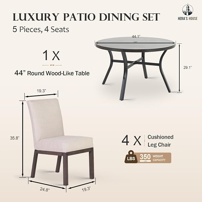 HERA'S HOUSE 5-Piece Patio Dining Set, 4 Metal Cushioned Chairs, Beige | 44" round wood-look metal table, Umbrella hole, E-coated and powder-coated steel frame, All-weather design