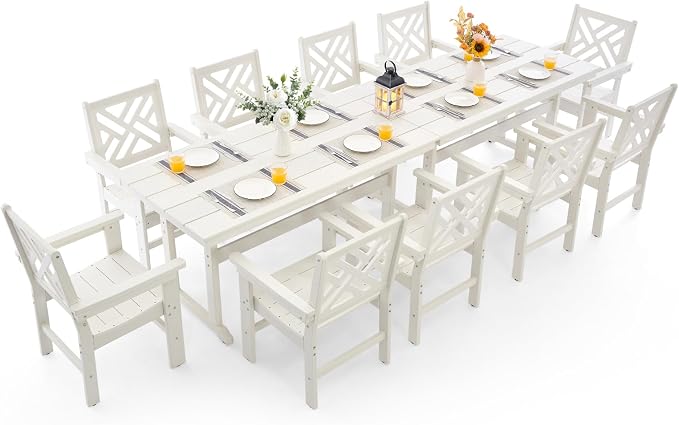 12 Piece HDPE Outdoor Dining Set for 10, Patio HDPE Furniture Set with 2 Table and Umbrella Hole, Outdoor Table and Chairs for Garden, Poolside, Backyard, Deck