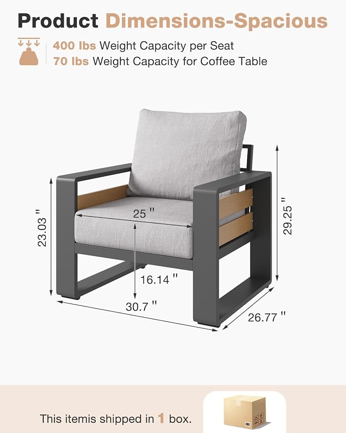 Aoxun Aluminum Patio Furniture Set, 2 Piece Luxury Outdoor Sectional with 6" Olefin Fabric Cushions, Patio Conversation Sets with Coffee Table Outdoor Sofas for Backyard, Porch Light Grey