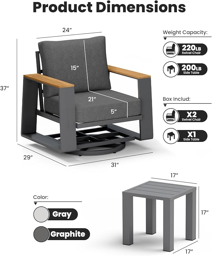 Aluminum Outdoor Patio Furniture Set, 4-Piece Patio Conversation Set with 5" Thick Cushions, Aluminum 360-Degree Large Outdoor Furntiure Set with Side Table and 3-Seat Sofa, Graphite