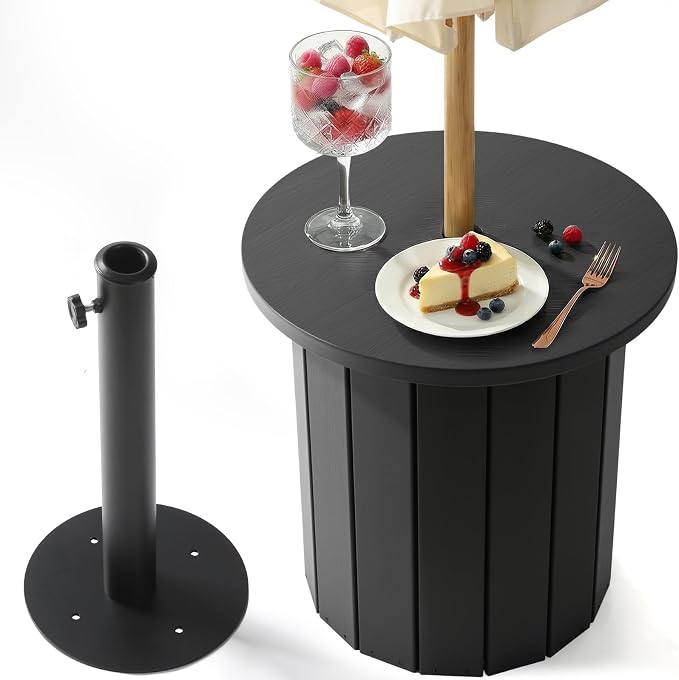 wikiwiki 2-in-1 70Lbs Patio Umbrella Base & Outdoor Side Table with Hole, HDPE Woodgrain Small Outdoor Table Fits 1.5-1.9in Pole for Patio, Deck, Poolside & Garden Use, Dark Black