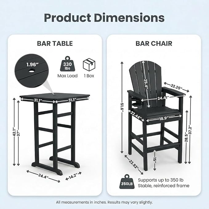 3-Piece HDPE Bar Height Table and Chairs Set, 42.1" Square High Top Pub Table with Umbrella Hole, 2 Adirondack Charis with Cup Holders, Outdoor Patio Dining Set for Bistro Backyard Deck Black