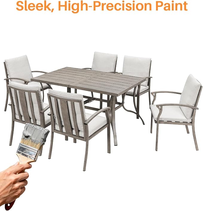 7-Piece Outdoor Patio Dining Set, Never-Rust Aluminum Patio Dining Set with Umbrella Hole, Outdoor Table and Chairs with Cushions, Patio Furniture Sets for Lawn, Garden, Backyard, Limed Oak