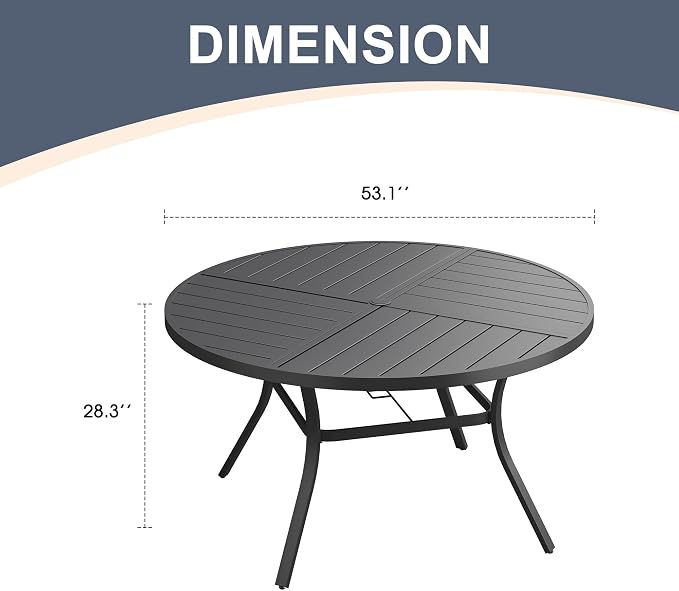 VICLLAX 53" Round Patio Dining Table for 6-8, All Weather Metal Outdoor Table with 1.57" Umbrella Hole and Surdy Frame for Garden Lawn Deck, Black