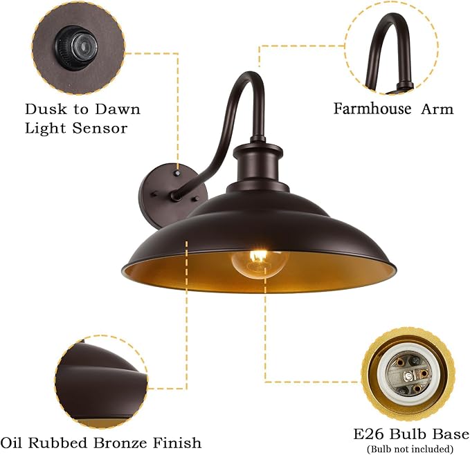 Dusk to Dawn Outdoor Barn Light Fixture, 16 Inch Dome Large Wall Sconce Farmhouse Exterior Wall Mount Light for House Garage Patio Doorway, 2 Pack