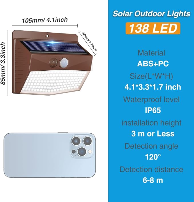 16 Packs Solar Outdoor Lights Motion Sensor Solar Security Light Waterproof with 3 Lighting Modes Solar Powered Wall Lights Outside for Garden Fence Yard, Brown