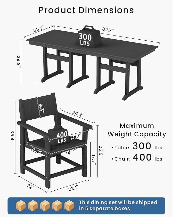 9-Piece Outdoor Dining Set, HDPE Weatherproof Patio Table and Chairs Set for 8, Outdoor Patio Furniture Sets with Umbrella Hole for Outside, Deck, Backyard, Garden (Black)