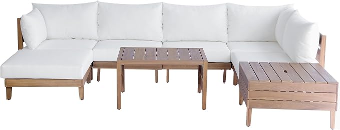 8-Piece Acacia Wood Outdoor Sectional Sofa Set, All-Weather Patio Conversation Set, Modular Sectional Furniture Set with Storage Tea Table, Coffee Table and Cushions for Backyard Poolside
