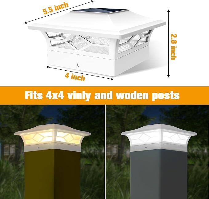 JOFIOS Solar Fence Post Lights, Cap Lights for 4x4/5x5 Vinyl Fence and 4x4/6x6 Wooden Post, Warm White/Cool White Lighting, White Solar Cap Outdoor Waterproof Decorate Garden Pathway Dcek Patio