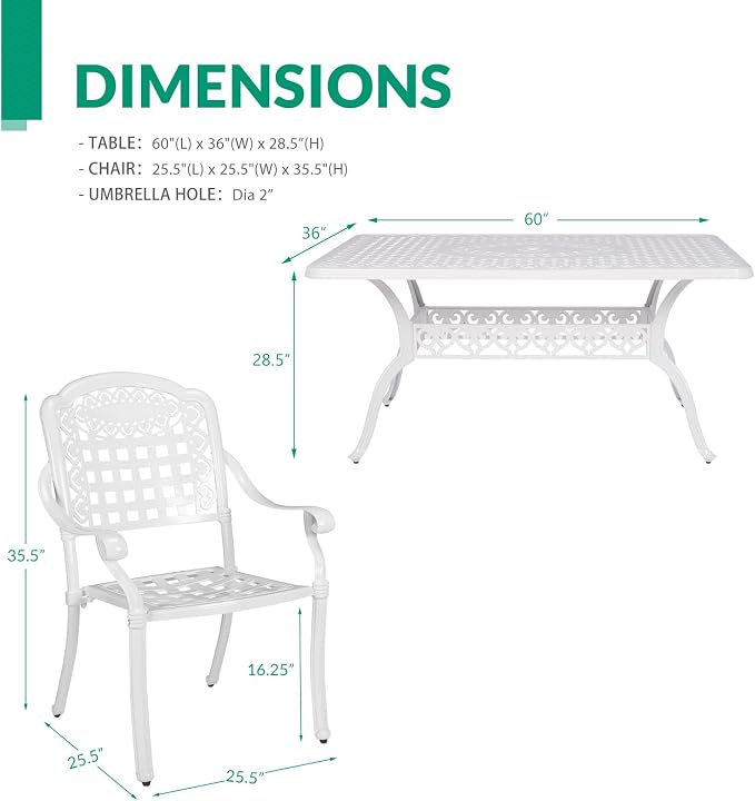 VIVIJASON 7-Piece Patio Furniture Dining Set, All-Weather Cast Aluminum Outdoor Conversation Set, Include 6 Chairs and a Rectangle Table with Umbrella Hole for Balcony Lawn Garden Backyard, White