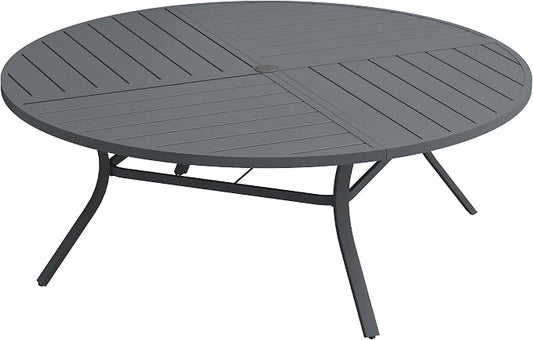 VICLLAX 63" Round Patio Dining Table for 8-10, All Weather Metal Outdoor Table with 1.57" Umbrella Hole and Surdy Frame for Garden Lawn Deck, Dark Grey
