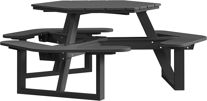 Shoreline Made in USA Hexagon Picnic Table, Seating for 6, Black Sand