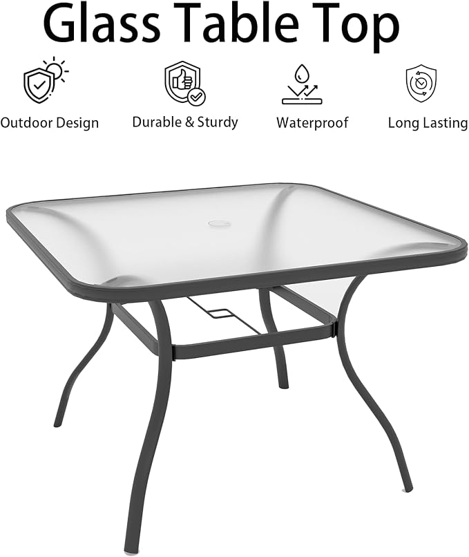 Anmutig Square Outdoor Dining Table for 4 Person, 37 inch Glass Top, Black Powder-Coated Frame with Umbrella Hole Outdoor Furniture