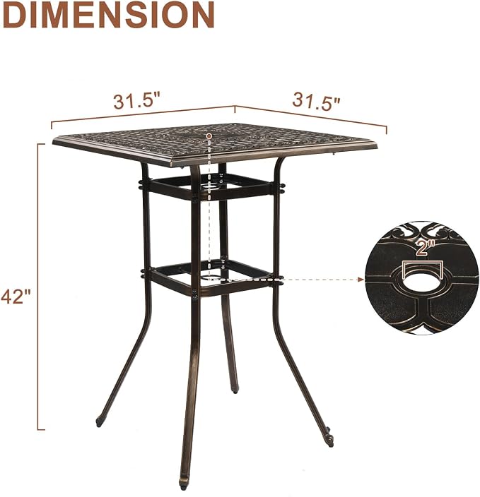 VINGLI Cast Aluminum Patio Bar Table, 42" Height High Top Outdoor Bar Table with Umbrella Hole, Pub Height Bistro Square Table for Paito Lawn Garden