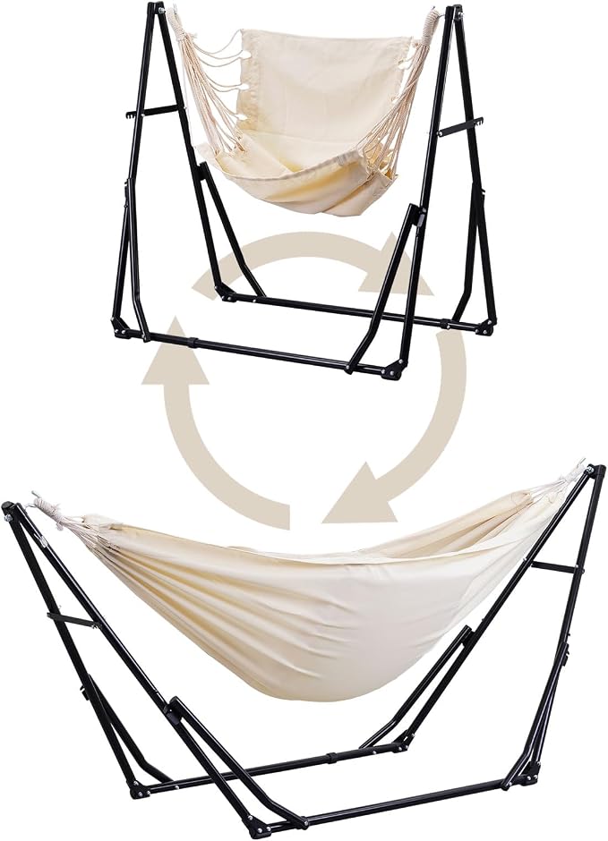 2 in 1 Hammock with Stand, Outdoor Hammock Swing Chair with Portable Heavy Duty Stand, Multi-Functional Hammock Stand 480 lbs Weight Capacit-White