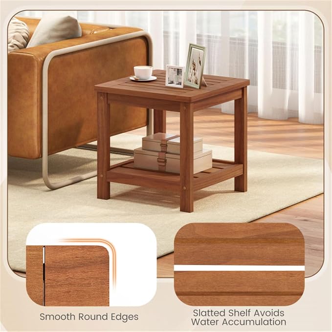 Outdoor Side Table, 2-Tier Solid Wood Patio End Table with Storage Shelf, 18 Inch Square Coffee Table with Teak Oil Finish for Garden, Poolside, Balcony and Living Room, Natural
