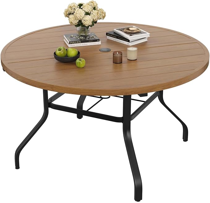 HRVEOCEI 47" Outdoor Round Table with Umbrella Hole, Metal Patio Dining Tables for Lawn Garden, Wood-Like Grain Bistro Table Outdoor for Backyard,Poolside,Deck,Por (Black+Natural, Round)