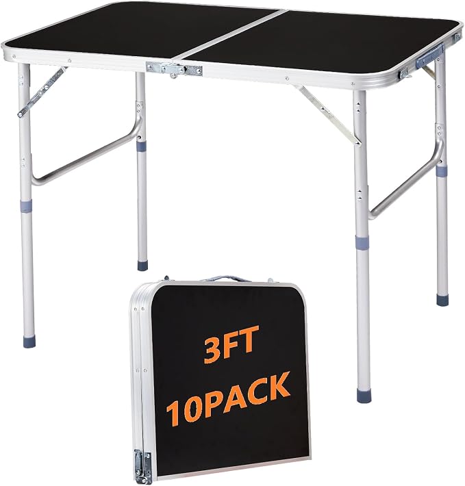 3 Feet Small Folding Table with Adjustable Height, Lightweight Portable Utility Table for Travel Picnic BBQ Fishing RV Car Tailgate Camping Beach Outdoor Essentials, MDF Tabletop, Black 10Pcs