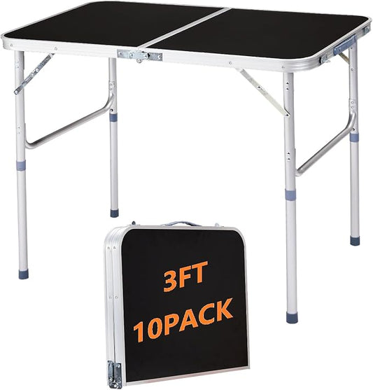 3 Feet Small Folding Table with Adjustable Height, Lightweight Portable Utility Table for Travel Picnic BBQ Fishing RV Car Tailgate Camping Beach Outdoor Essentials, MDF Tabletop, Black 10Pcs