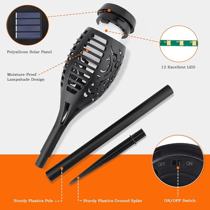 16Pack Solar Torch Light Outdoor Flickering Flame for Halloween Decorations | Solar Lights for Outside Halloween Decor, Waterproof Garden Light Solar Powered, Flame Torches for Yard Pathway Decorations
